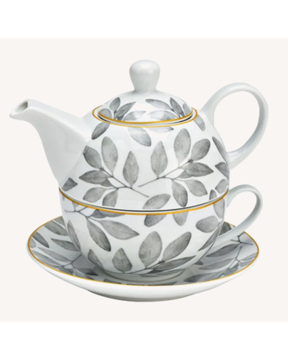 THÉIÈRE FEUILLE BLC/GRIS